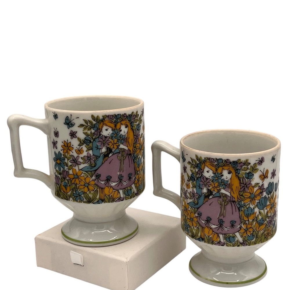Vtg Floral 60s/70s ceramic footed‎ pedestal coffee mug Set Japan? Flower Power